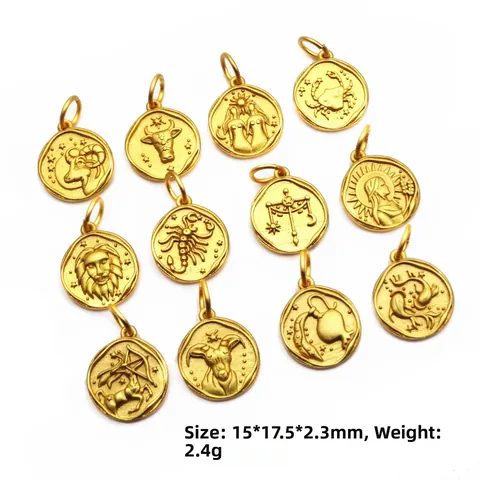 12 Sterrenbeelden Koperen Munt Hangers Ronde Reliëf Bedeltjes Voor DIY Sieraden Maken Ketting Armband Minimalistisch Goud