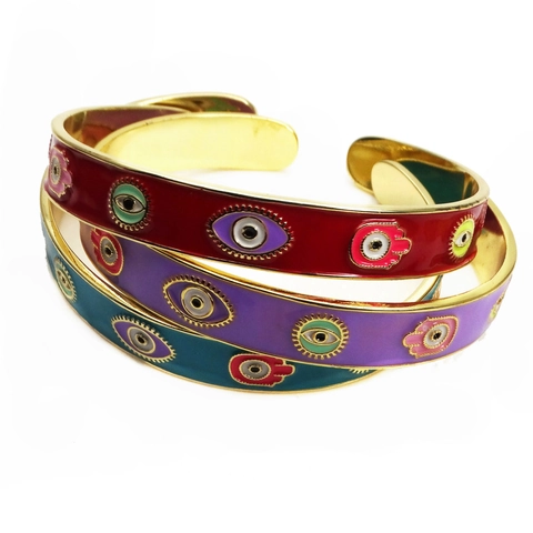 Bohemian Evil Eye Hamsa Hand Cuff Bracelet Vintage Enamel Copper Gold Plated Adjustable Rhinestone Ethnic Jewelry For Women