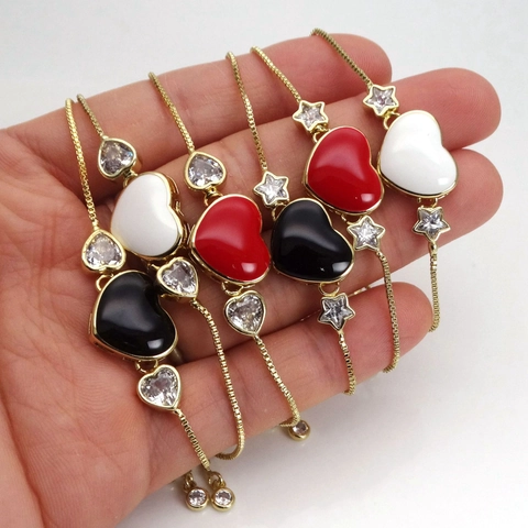 Adjustable Zirconia Heart Bracelet Gold Plated Brass Bolo Box Chain For Women Fashion Jewelry Drip Oil Star Charm Wrist Link