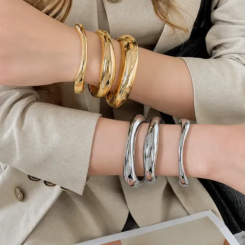 Alloy Minimalist Irregular Geometric Bangle For Women Gold Silver Plated Smooth High Polish Metallic Chunky Hand Cuff Fashion Jewelry