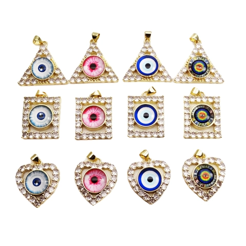 Copper Micro Zircon Evil Eye Pendant Heart Triangle Rectangle Gold Plated Bohemian Charm Pendant Only (Without Chain) For Women