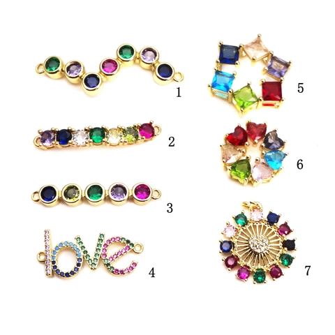 DIY Micro Incrustación Circón Arcoíris Corazón Letra LOVE Conectores Dijes Para Pulsera Collar Fabricación Joyas Cobre Chapado Oro