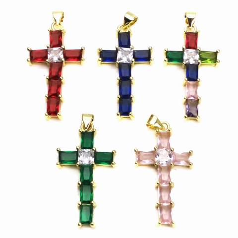 Colgante de Cruz de Cobre Vintage para Mujer Zirconia Cuadrada Colorida Solo Colgante Sin Cadena Joyería Religiosa Dorada
