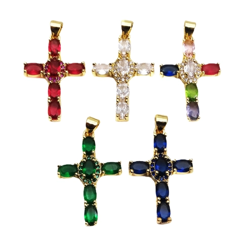 Kupfer Mikro Eingelegt Zirkon Kreuz Anhänger Vergoldet Oval Bunte Zirkonia DIY Schmuck Zubehör Nur Anhänger