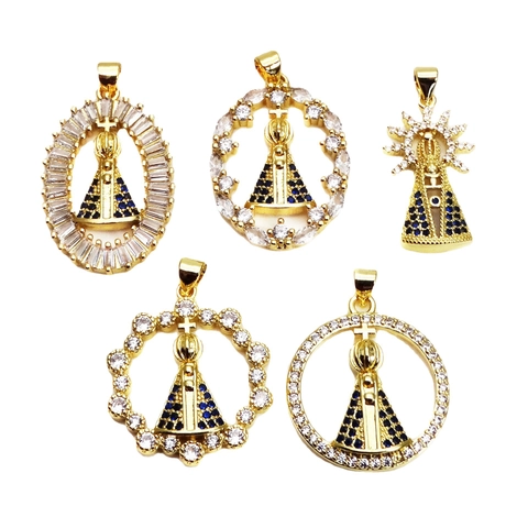 Colgante De Nuestra Señora De Aparecida De Cobre Y Circonita Collar Religioso Virgen María Joyería Chapada En Oro