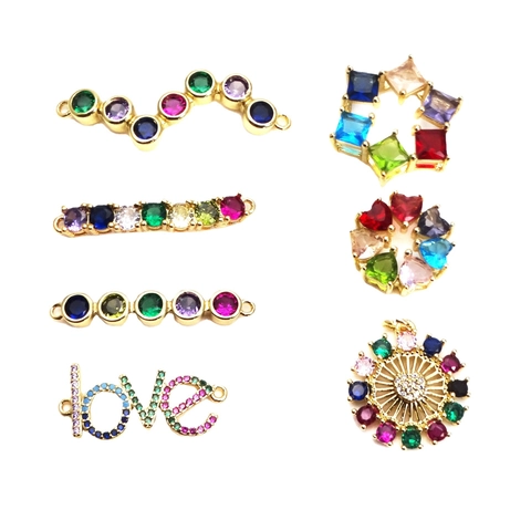DIY Micro Incrustación Circón Arcoíris Corazón Letra LOVE Conectores Dijes Para Pulsera Collar Fabricación Joyas Cobre Chapado Oro