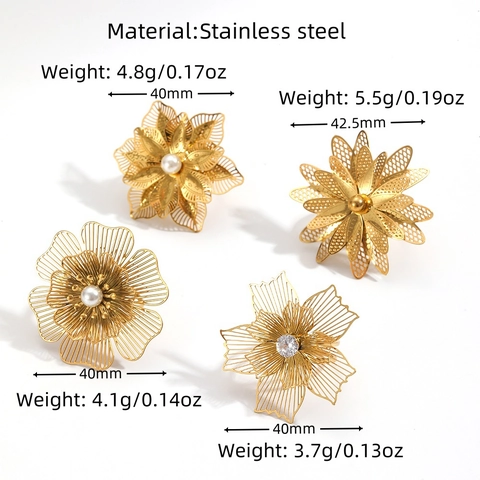 Anello alla Moda in Acciaio al Titanio con Fiori Strass e Perle Artificiali Leggero Lusso Acciaio Inossidabile Aperto Regolabile Anello per Donna Gioielli