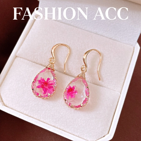 New Chinese Style Resin Water Drop Earrings With Real Preserved Flower Handmade Copper Wire Wrapped Transparent Teardrop Dangle Earrings For Women