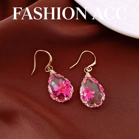 New Chinese Style Resin Water Drop Earrings With Real Preserved Flower Handmade Copper Wire Wrapped Transparent Teardrop Dangle Earrings For Women