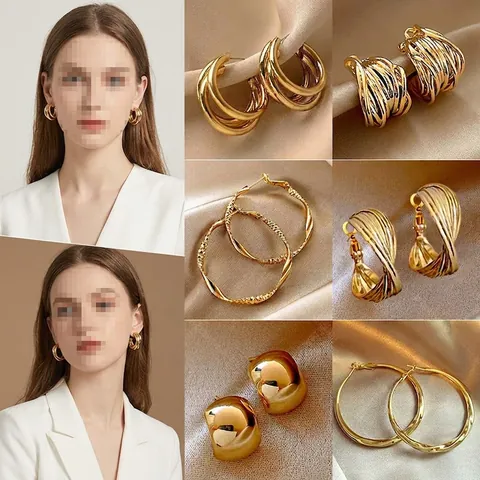 Fashion Hoop Earrings With 925 Sterling Silver Earring Post Geometric Twisted C Shape Gold Plated Alloy Jewelry For Women