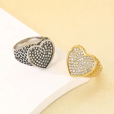 Vintage Anillos Pavé de Strass en Forma de Corazón de Acero Inoxidable para Mujer Chapado en Oro Plata Malla Hueca Banda Ancha Joyería de Moda