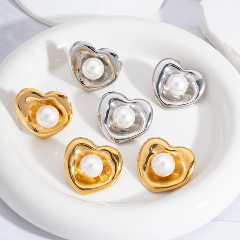 Pendientes Anillo de Acero Inoxidable con Perla Artificial Corazón Irregular Joyas de Diseño Minimalista para Mujer Regalo Dorado