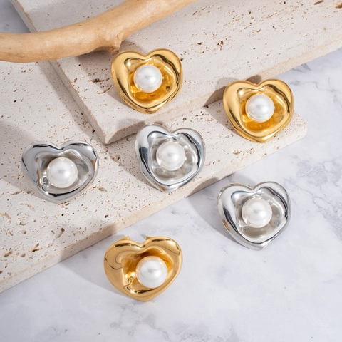 Pendientes Anillo de Acero Inoxidable con Perla Artificial Corazón Irregular Joyas de Diseño Minimalista para Mujer Regalo Dorado