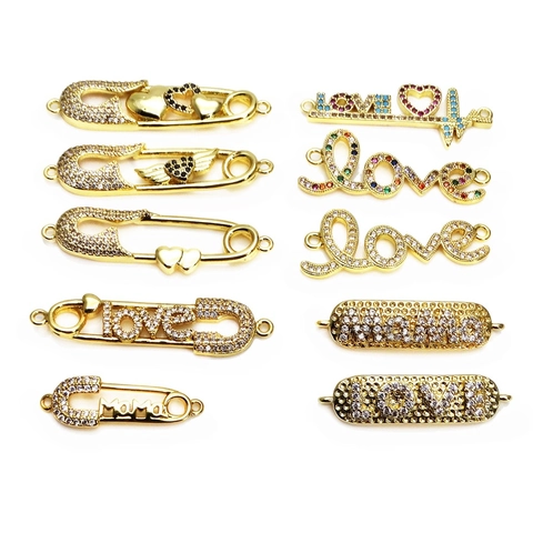 Copper Zircon Micro Pave LOVE MAMA Heart Safety Pin Connector For DIY Jewelry Making Bracelet Necklace Accessories