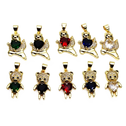 Brass Micro-Inlaid Zirconia Heart Teddy Bear Pendant For DIY Necklace Jewelry Making Gold Color Panda Animal Pendant