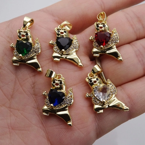 Brass Micro-Inlaid Zirconia Heart Teddy Bear Pendant For DIY Necklace Jewelry Making Gold Color Panda Animal Pendant