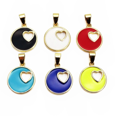Brass Heart Cutout Round Enamel Pendants Gold Plated Zirconia Charms For DIY Necklace Bracelet Making Colorful Jewelry
