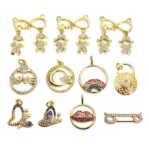 Micro Pave Zirconia Copper Pendant Necklace Infinity Love Heart Butterfly Star Moon Rainbow Lips Safety Pin DIY Jewelry Accessory For Women