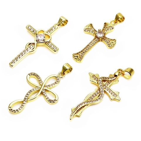 Luxurious Gold Plated Copper Cross Pendant With Zirconia Inlaid Heart Snake Infinity Cross Necklace Pendant Jewelry DIY Accessory