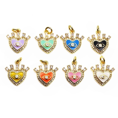 Pendentif Cœur Mauvais Œil en Cuivre et Zirconia Émail Couronne Charm DIY Collier Bracelet Création Femme Bijoux Accessoires