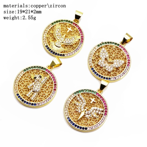 Rainbow Micro Pave Zircon Hollow Round Copper Pendant Only (Without Chain) Gold Plated Butterfly Bear Angel Dove Jewelry