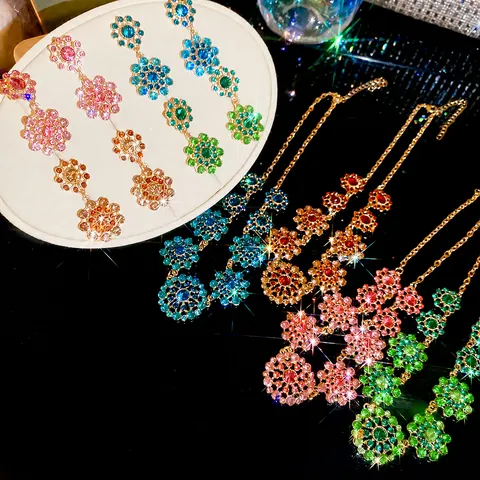 Vintage Royal Court Alloy Rhinestone Jewelry Necklace Earrings With 925 Sterling Silver Post Gold Hollow Floral Ornament