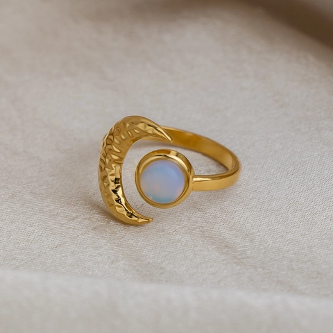 Anillo de Luna Martillada de Acero Inoxidable Chapado en Oro de 18K Con Perla Artificial Incrustada para Mujer Dulce Anillo Abierto Ajustable Joyería
