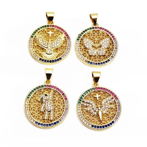 Rainbow Micro Pave Zircon Hollow Round Copper Pendant Only (Without Chain) Gold Plated Butterfly Bear Angel Dove Jewelry