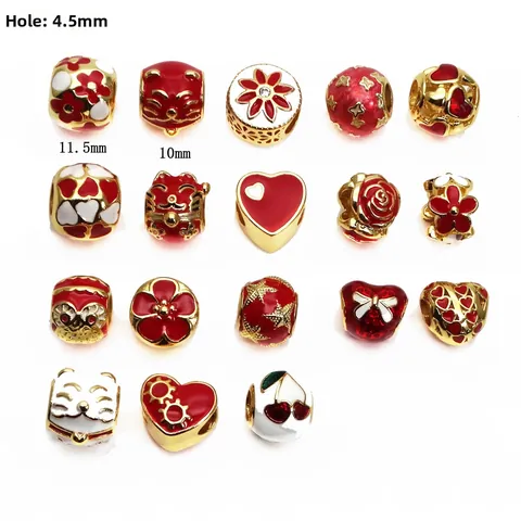 Gold Plated Copper Enamel Drip Oil Large Hole Beads Maneki Neko Heart Flower Charms For DIY Bracelet Necklace Jewelry Making