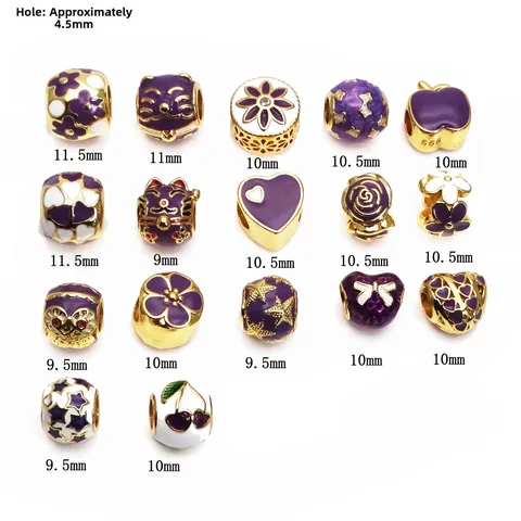 Purple Copper Enamel Charms For DIY Bracelet Necklace Gold Rhinestone Large Hole Beads Lucky Cat Heart Flower Spacer Beads