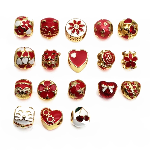 Gold Plated Copper Enamel Drip Oil Large Hole Beads Maneki Neko Heart Flower Charms For DIY Bracelet Necklace Jewelry Making
