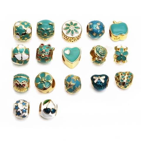 Lucky Cat Flower Heart Copper Beads Enamel Drip Oil Charms Rhinestone DIY Jewelry Making Accessories For Bracelet Women