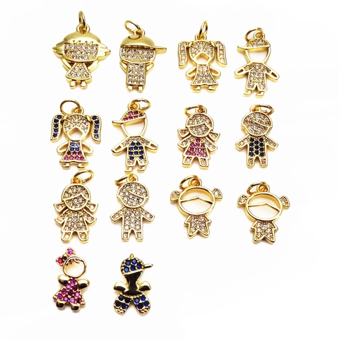 Micro Zircon Cartoon Boy Girl Pendant DIY Necklace Bracelet Accessory Gold Plated Copper Cubic Zirconia Character Charm
