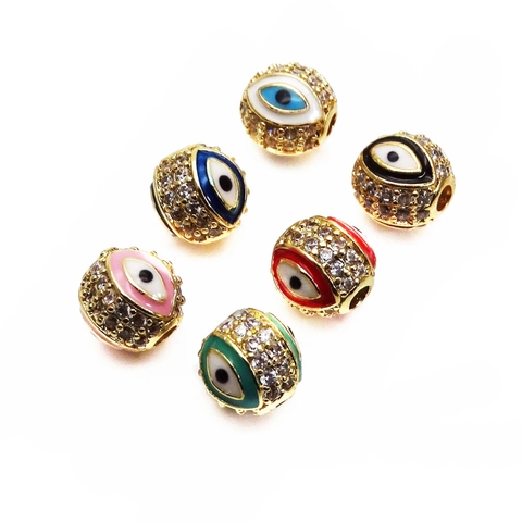 14K Gold Plated Copper Evil Eye Beads Micro Pave Zirconia Round Spacer Beads For DIY Bracelet Necklace Jewelry Making