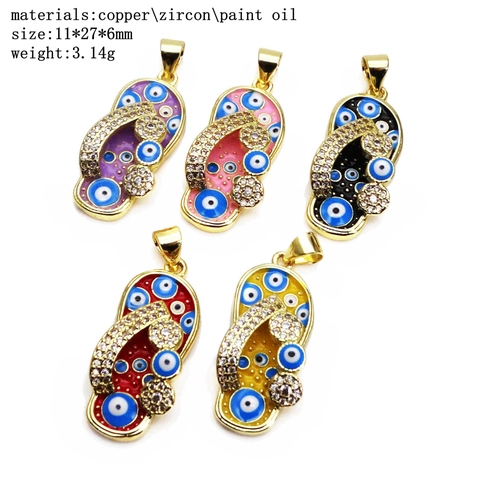 Copper Zirconia Evil Eye Flip-Flop Pendant For Women Gold Plated Enamel Slipper Charm Pendant DIY Jewelry Necklace Accessory