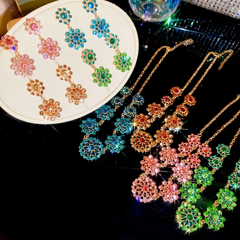Luxury Alloy Rhinestone Flower Earrings Necklace Set For Women S925 Silver Post Fashion Floral Jewelry Gift Accessories
