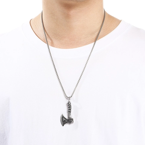Viking Battle Axe Pendant Necklace Titanium Steel Nordic Wolf Totem Engraved Men Retro Punk Gothic Jewelry Accessory