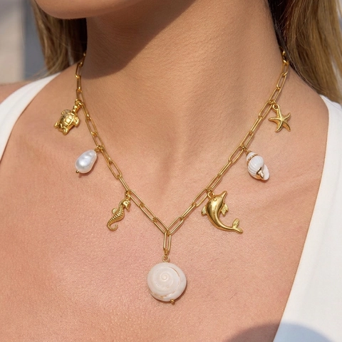 Collar De Acero Inoxidable Con Tema Marino Bañado En Oro De 18K Impermeable Caballito De Mar Delfín Concha Perla Artificial Para Mujer