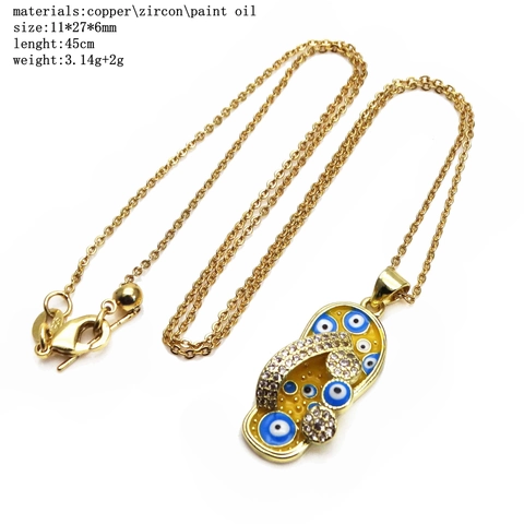 Exotic Brass Zircon Flip-Flop Pendant Necklace With Evil Eye Pattern Gold Plated Enamel Fashion Jewelry For Women Gift