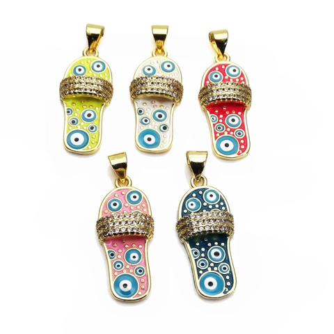 Gold Plated Copper Evil Eye Slipper Pendant Zirconia Enamel Flip Flop Charm DIY Necklace Jewelry Making Findings Women