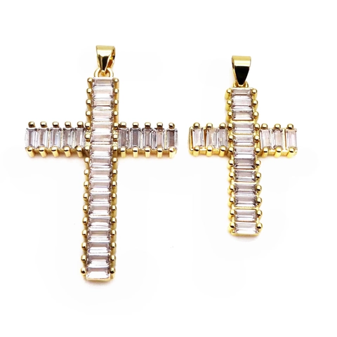 14K Gold Plated Copper Cross Pendant Baguette Cut Zirconia Religious Charm For Necklace DIY Jewelry Making Men Women
