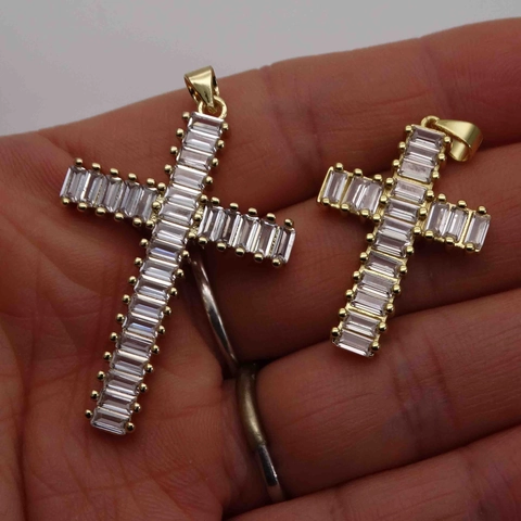 14K Gold Plated Copper Cross Pendant Baguette Cut Zirconia Religious Charm For Necklace DIY Jewelry Making Men Women
