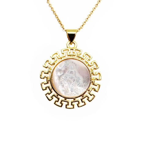 Collar de Colgante de Virgen María de Cobre Circonia Perla Artificial Medalla Redonda Madonna para Mujer Joyería Vintage