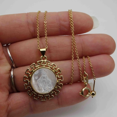 Collar de Colgante de Virgen María de Cobre Circonia Perla Artificial Medalla Redonda Madonna para Mujer Joyería Vintage