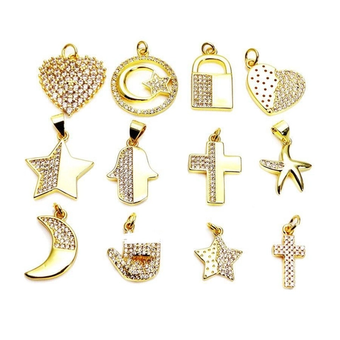 Mode Plaque Or Cuivre Zircone Coeur Etoile Lune Pendentif Seul Sans Chaine Pour Collier Bracelet Bijoux Accessoires Pour Femmes