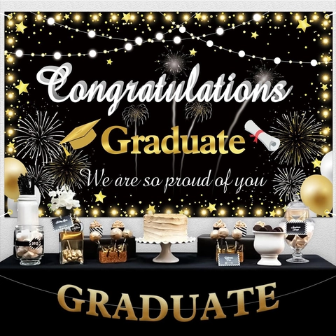 Felicidades Graduado Banner de Fondo Negro Dorado Decoraciones de Fiesta de Graduación Para Clase de 2024 Fondo