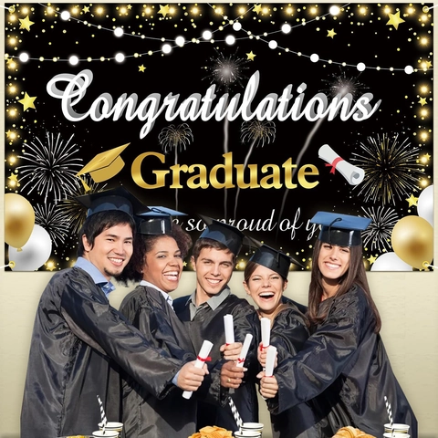 Felicidades Graduado Banner de Fondo Negro Dorado Decoraciones de Fiesta de Graduación Para Clase de 2024 Fondo