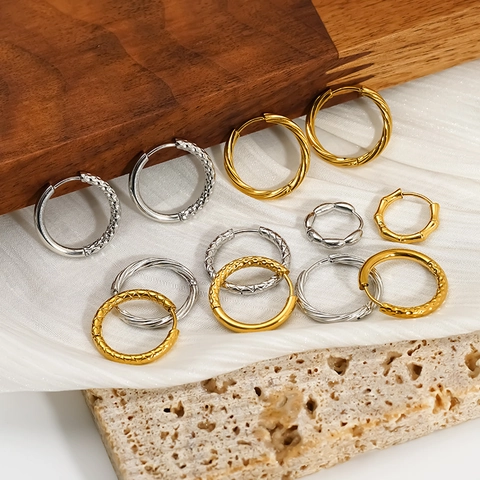 Stainless Steel Bamboo Joint Mesh Pattern Hoop Earrings For Women Gold Silver Vacuum Plated Minimalist Geometric Jewelry Gift