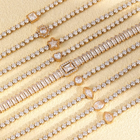 Bracciale Tennis Geometrico a Cuore in Acciaio Inossidabile Placcato Oro 18K Con Strass Francese di Lusso per Gioielli da Donna