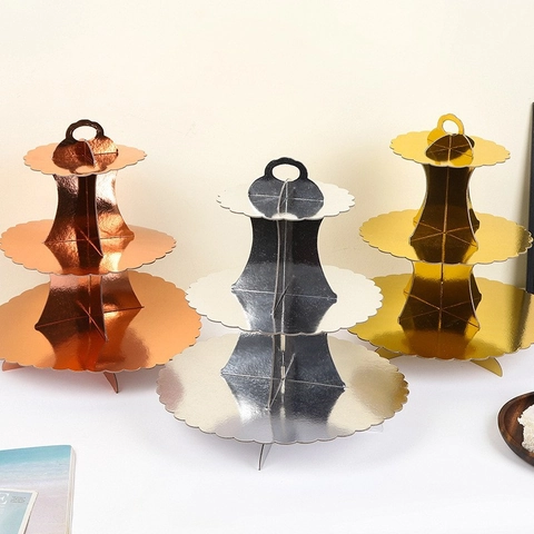 3 Tier Paper Cake Stand Scalloped Round Edge Metallic Dessert Display Tower For Wedding Birthday Party Cupcake Holder
